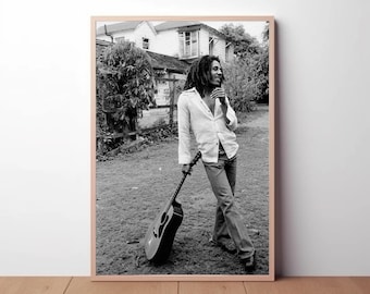 Bob Marley Guitar Poster, Vintage Black and White Music Wall Art, Reggae Legend Print, Music Room Decor, Bob Marley Art Print UK