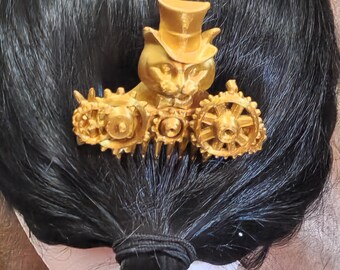 Steampunk Golden Cat in a Top Hat Hair Comb 3D Printed Hair Accessory