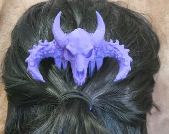 Purple Curved Horned Dragon Skull Decorative Hair Comb 3D Printed Fantasy Accessory