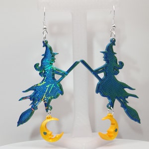 Hologram Witch on Broom Earrings: 3D Printed Halloween Jewelry