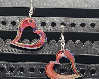 Holographic Red, Black, and Green Heart Shaped Earrings | 3D Printed | Hypoallergenic Earring Hooks