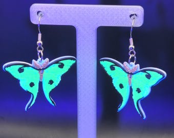 Green Glow Luna Moth Earrings Glow in the Dark Blacklight Reactive 3D Printed Accessory