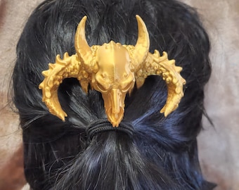 Golden Colored Horned Dragon Skull Decorative Hair Comb 3D Printed Fantasy Accessories