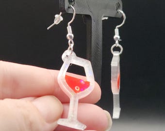 Red Wine Glass Hologram 3D Printed Earrings | Hypoallergenic Earring Hooks