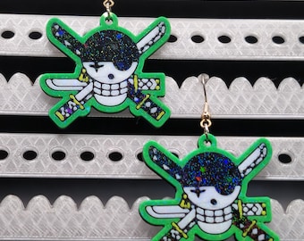 Pirate Hunter Zoro One Piece Pirate Jolly Roger Logo Earrings | 3D Printed Accessories