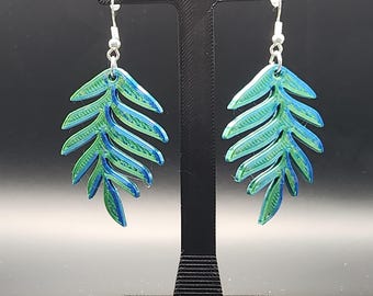 Blue-Green Holographic Nature Plant Leaves Earrings | 3D Printed | Hypoallergenic Earring Hooks