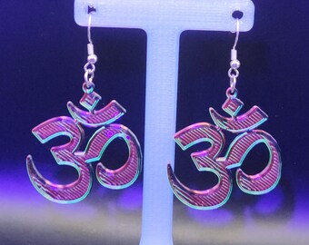 Colorful Hologram Blacklight Reactive OM Symbol Earring