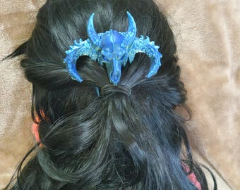 Blue and Green Horned Dragon Skull Hair Comb 3D Printed Fantasy Accessory