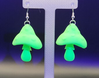 Green Glow in the Dark Hologram Mushroom Earrings | 3D Printed | Hypoallergenic Silver Plated Hooks