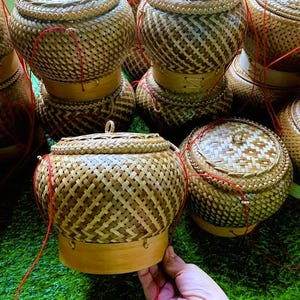 Recipiente para arroz glutinoso, cesta de bambú para arroz glutinoso, recipiente tradicional tailandés tejido, tamaño 6 pulgadas