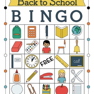 May include: A colorful back to school bingo card with images of school supplies, including a backpack, calculator, pen, book, globe, eraser, paint palette, student, chair, bell, notebook, clock, ruler, chalkboard, glue, pencil, stapler, girl, scissors, cloud, paperclip, crayons, and apple. The center square says "FREE".