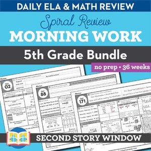 May include: A bundle of 5th-grade morning work sheets with the text "DAILY ELA & MATH REVIEW" and "MORNING WORK". The sheets are labeled "no prep • 36 weeks" and include the text "SECOND STORY WINDOW". The background is blue.