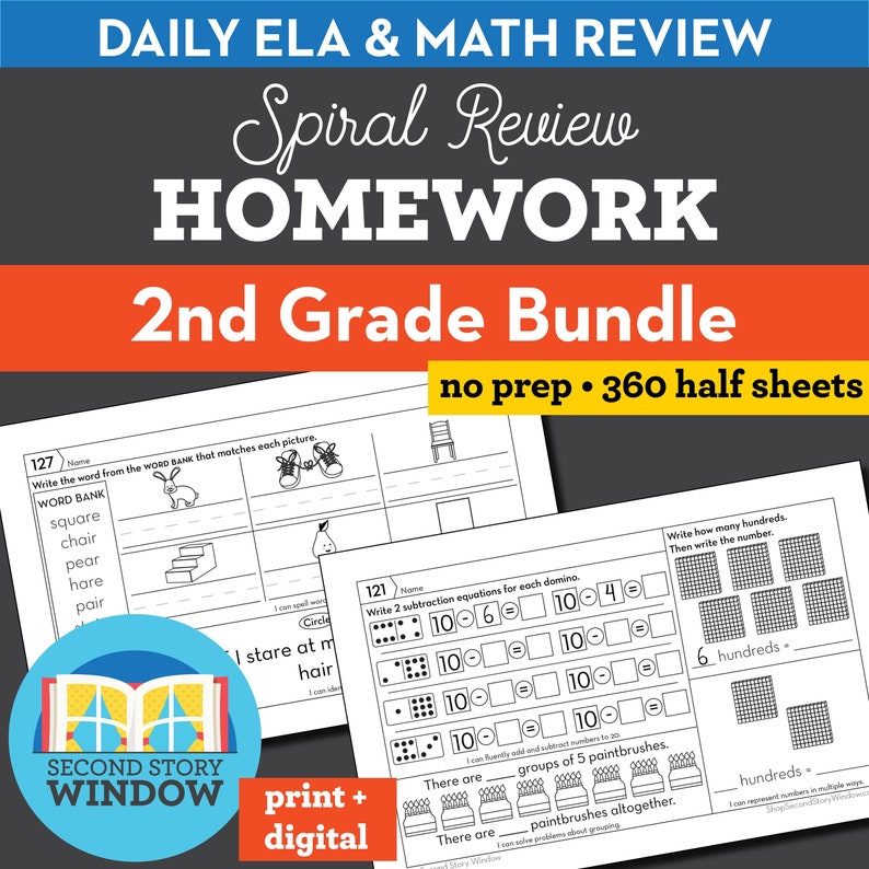 2nd Grade Math and Reading Homework, Educational Activity, Home Learning, Homeschool, Math Worksheet, Reading Printable image 1