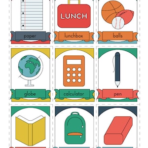 May include: Nine colorful cards with illustrations of school supplies and the words "paper", "lunchbox", "balls", "globe", "calculator", "pen", "read", "map", and "eraser" printed below each image.