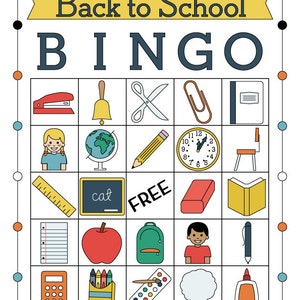 May include: A colorful back to school bingo card with images of school supplies, including a stapler, bell, scissors, paperclip, notebook, girl, globe, pencil, clock, chair, ruler, chalkboard, eraser, book, paper, apple, backpack, boy, pen, calculator, crayons, paint, thought bubble, and glue.