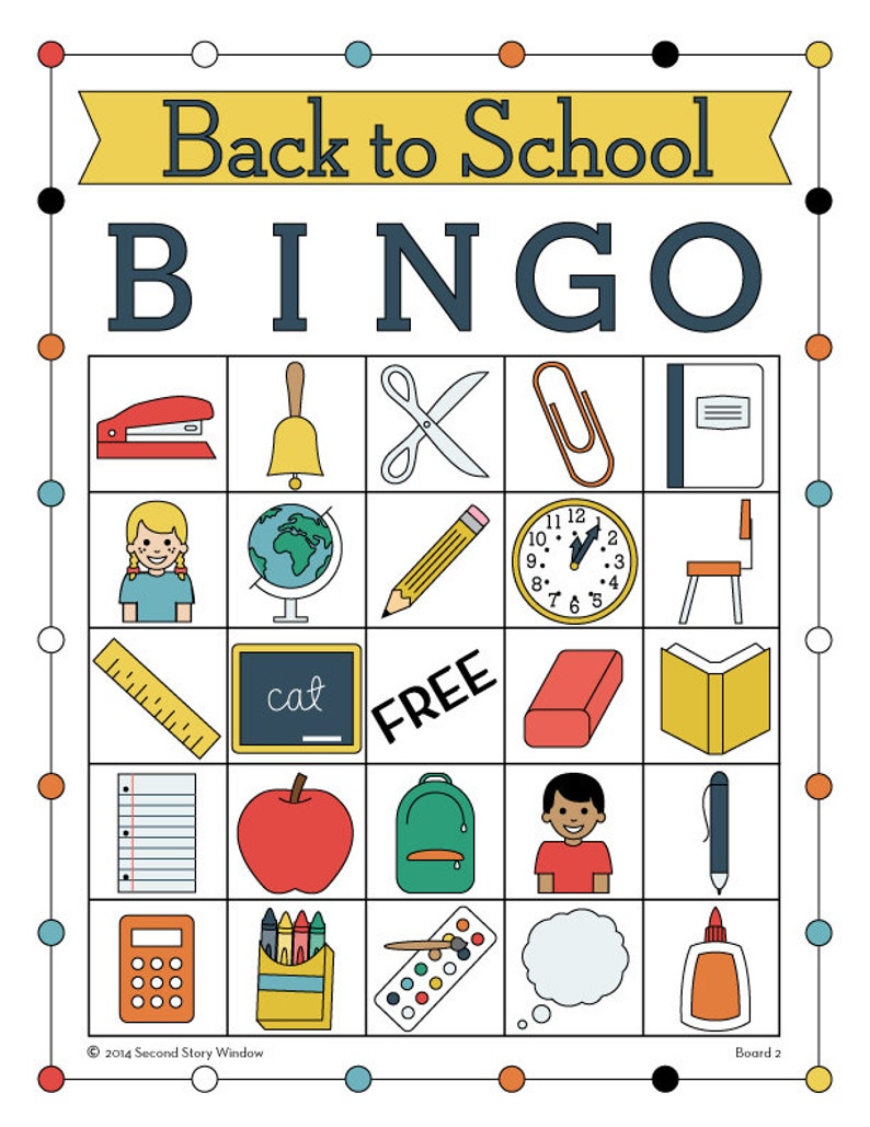 May include: A colorful back to school bingo card with images of school supplies, including a stapler, bell, scissors, paperclip, notebook, girl, globe, pencil, clock, chair, ruler, chalkboard, eraser, book, paper, apple, backpack, boy, pen, calculator, crayons, paint, thought bubble, and glue.