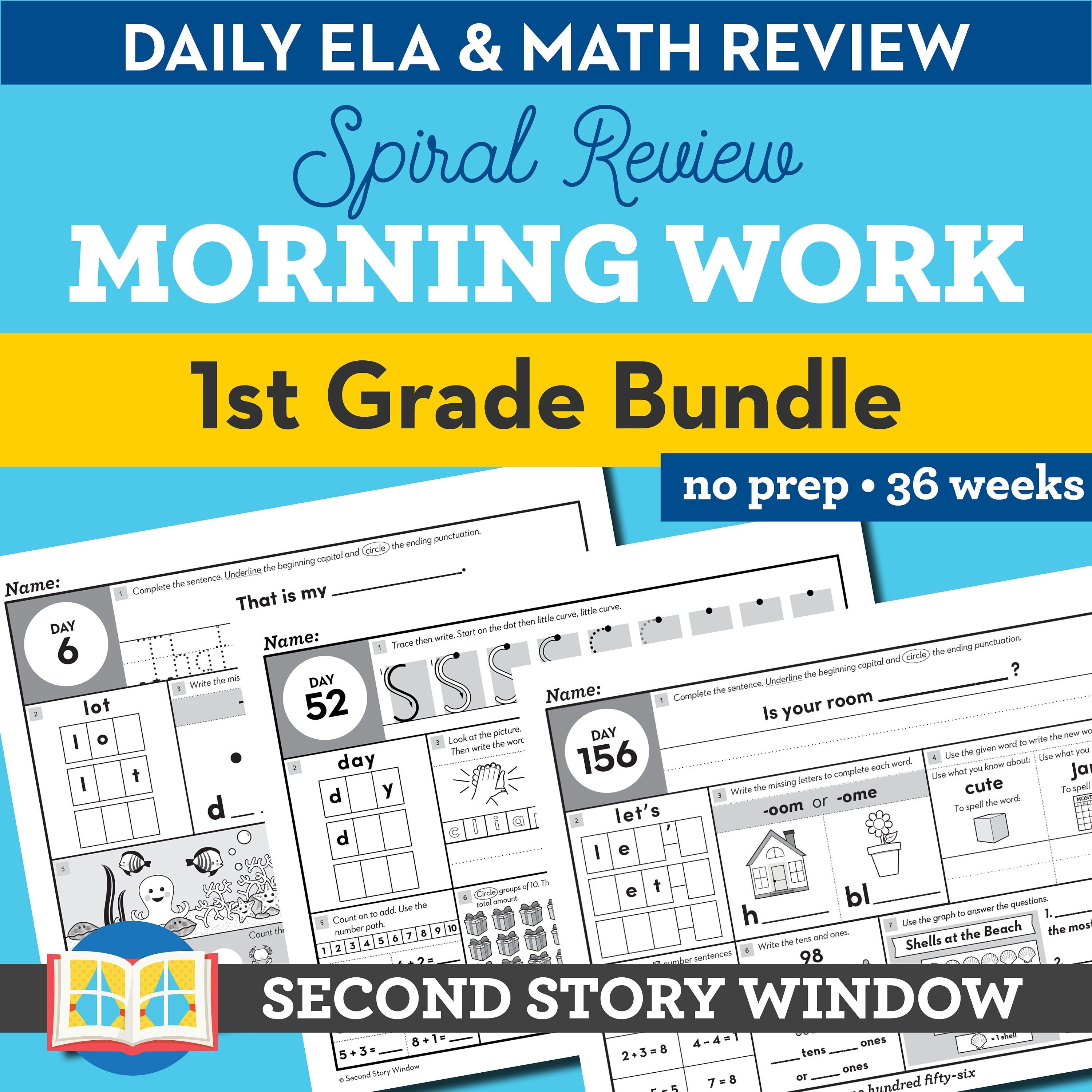 1st Grade Daily Spiral Review Worksheets, Educational Activity, Home Learning, Homeschool, Math Worksheet, Reading Printable
