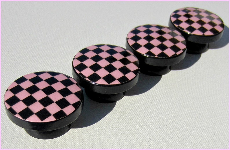 Checkered Knobs, Dresser Knobs, Nursery Decor, Pink and Black Cabinet Pulls, Dresser Knobs for Kids Room image 2