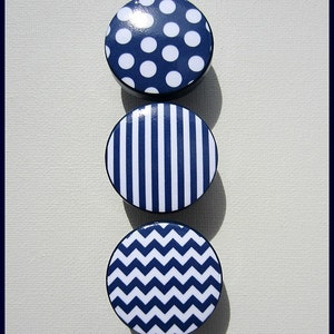 Navy Stripe Dresser Knobs, Drawer Knobs, Drawer Pulls, Chevron, Stripes, Polka Dots