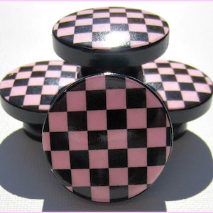 Checkered Knobs, Dresser Knobs, Nursery Decor, Pink and Black Cabinet Pulls, Dresser Knobs for Kids Room image 1