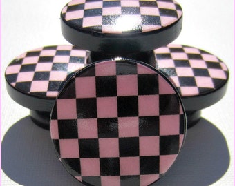 Checkered Knobs, Dresser Knobs, Nursery Decor, Pink and Black Cabinet Pulls, Dresser Knobs for Kids Room