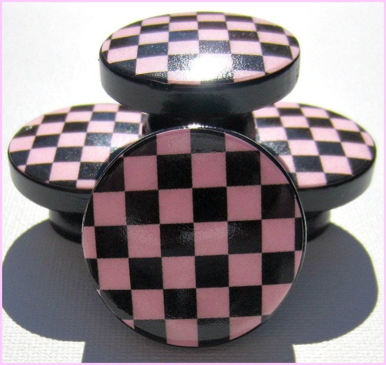 Checkered Knobs, Dresser Knobs, Nursery Decor, Pink and Black Cabinet Pulls, Dresser Knobs for Kids Room image 1