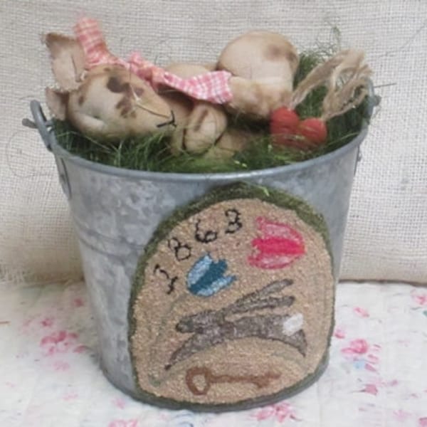 Rabbit Punchneedle on Bucket/Baby Bunny/Primitive/Easter/Shelf Sitter/Bunny/FAPM/Gift