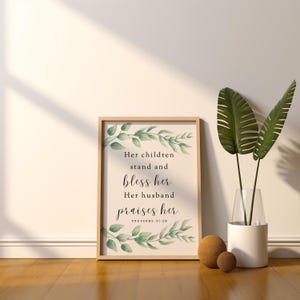 Spreuken 31:28 Haar kinderen staan en zegenen haar muurkunst Moederdag cadeau christelijk decor digitale print bladeren minimalistische muurkunst 1 print