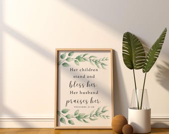Proverbs 31:28 Her Children Stand and Bless Her Wall Art Mother's Day Gift Christian Decor Digital Print Leaves Minimalist Wall Art 1 Print