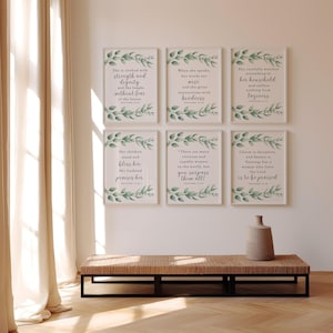 Spreuken 31:25-30 set van 6 kunst aan de muur digitale download inspirerende bijbelvers kunst christelijk decor Instant Download spreuken 31 vrouw bladeren