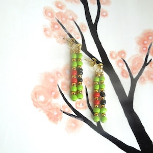24K gold filled post earrings with lime green and red beads Tassel design Handmade