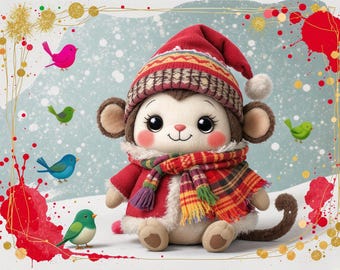 Puede incluir: Una muñeca de mono de peluche con gorro, abrigo y bufanda a cuadros rojos. La muñeca tiene ojos grandes y está rodeada de pájaros coloridos y elementos decorativos, creando un tema festivo navideño.