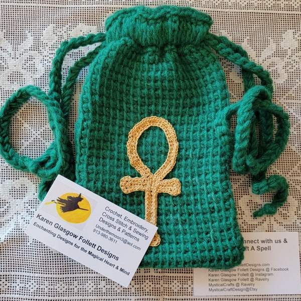 Golden Ankh Tarot Bag in Crochet w/ metallic green, Double Drawstring pouch, Witch, Wicca, Egyptian