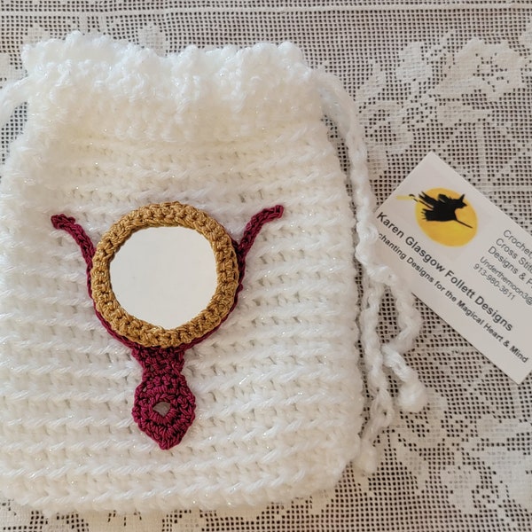Hathor's Mirror Tarot Rune Bag Double Drawstring in Pure White Crochet - Witch - Wicca - Egyptian Goddess - Regal Red