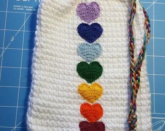 Tarot Rune Bag - Chakra Hearts - Drawstring, Crochet bag for your Divination Oracles