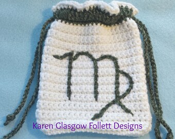 Virgo Zodiac Tarot Bag Hand Crochet White and Heathered Green w Double Drawstring Closures