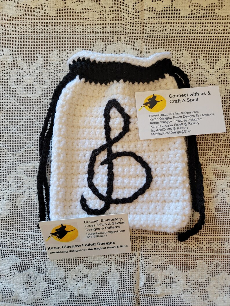 Tarot / Rune Bag for Music Lovers / Treble Clef Double Drawstring Pouch in Crochet image 2