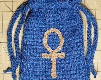 Golden Ankh Tarot Bag in Crochet w/ blue metallic yarn, Double Drawstring pouch, Witch, Wicca, Egyptian Symbolism