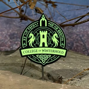 Op de afbeelding: Een gloeiend groen metalen bord met de tekst "COLLEGE OF WINTERHOLD" en de woorden "GH ICE WRAITHS" en "XR KM PRFIP". Het bord toont een kasteel en twee draakachtige wezens. Het bord staat op een metalen paal.