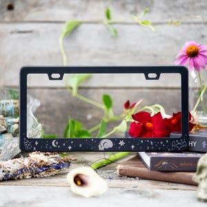 Occult / Skull, Bat, Stars, Esoteric Themed Laser Etched METAL License Plate Frame