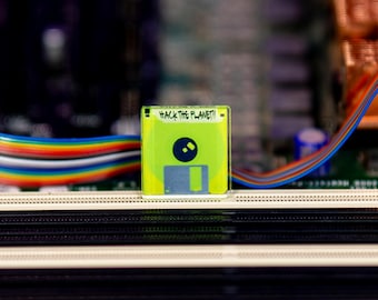 Acrylic Pin Hack The Planet | Hacking | Hacker | Floppy Disk | Computer | Multiple Colors | Cyberpunk