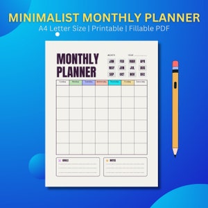 May include: A printable monthly planner in A4 letter size. The planner has a minimalist design with a calendar grid, sections for goals and notes, and a title that reads "Monthly Planner".