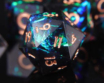 Full Set Handmade Resin DND Dice For Role Playing Games, Blue Black D&D Dice Set DND, Galaxy Glittering Sharp Edge Dice Set