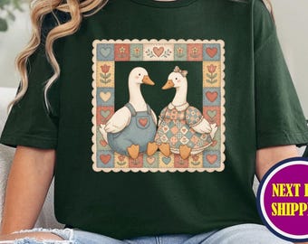 Thrifted Geese T-Shirt, Vintage Grandma Goose Shirt, Retro Animal Shirt, Cozy Quilt Design Tee