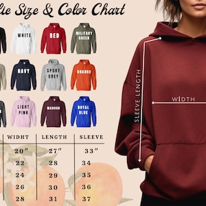 May include: A hoodie size and color chart with various hoodie colors, including black, white, red, and navy. The chart displays measurements for width, length, and sleeve length in inches, ranging from size S to 2XL.