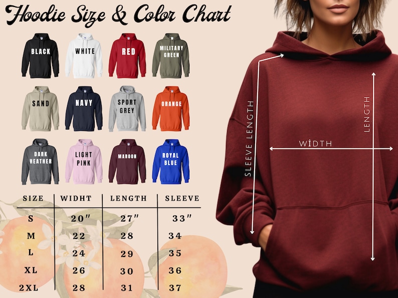 May include: A hoodie size and color chart with various hoodie colors, including black, white, red, and navy. The chart displays measurements for width, length, and sleeve length in inches, ranging from size S to 2XL.