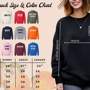 May include: A black crewneck sweatshirt with a size and color chart. The chart displays various sweatshirt colors, including black, white, red, and navy. Measurements are provided in inches for width, chest, and length, ranging from size S to 2XL.
