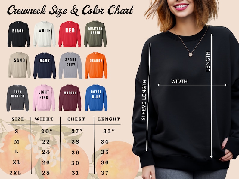 May include: A black crewneck sweatshirt with a size and color chart. The chart displays various sweatshirt colors, including black, white, red, and navy. Measurements are provided in inches for width, chest, and length, ranging from size S to 2XL.