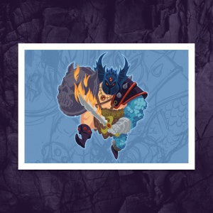 May include: A cartoon illustration of a warrior with a blue and black helmet, holding a sword and shield. The warrior is wearing a blue and black armor and has a red and yellow cape. The background is a blue and white abstract design.