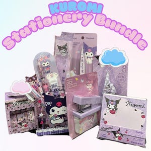 Kawaii Kuromi Briefpapier Set | Kuromi Acryl-Stifthalter, Stifte, Lineal, WhiteOut Tape, Notizblöcke, Druckbleistift, Schere